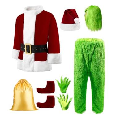 Imagem de Make you perfect Fantasia masculina verde de Papai Noel, fantasia engraçada de Papai Noel com máscara, fantasia de Papai Noel de pelúcia de Natal para adultos, Halloween e festas de fim de ano