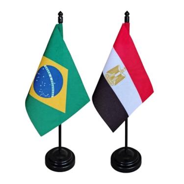 Imagem de Kit Bandeira de Mesa Brasil e Egito, Decorativa, 26cm Altura, Multicolorido, Base Plástica, Tecido Oxford, para Escritório, Eventos, Escolas