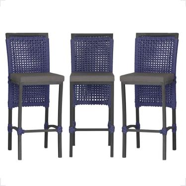 Imagem de 3 Banqueta Em Alumínio Roma Preta Corda Náutica Tecido 11 Azul