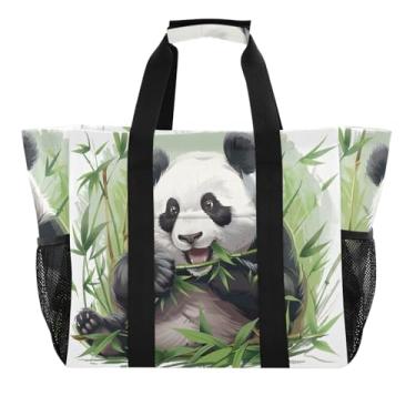 Imagem de ODAWA Linda bolsa de praia de lona lavável com panda para academia e viagens, bolsa de praia dobrável à prova d'água, Panda fofo comendo comida, One Size