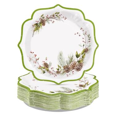 Imagem de 50 peças de pratos de papel verde de Natal de 20,3 cm, pinhas, pratos de sobremesa recortados, descartáveis, floresta, azevinho, baga, suprimentos para festas de feliz Natal e jantares