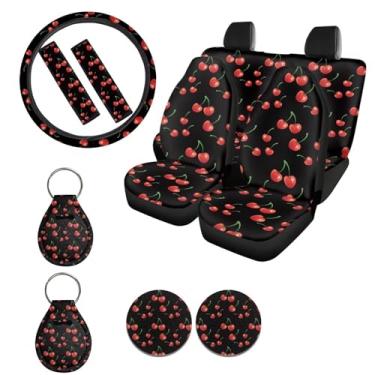 Imagem de Ystardream Capas de assento de carro elegante cereja conjunto completo de acessórios de carro cereja para mulheres capa de assento dianteiro capa de apoio de braço capa de cinto de segurança suporte