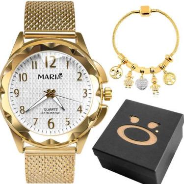 Imagem de Kit Presente Feminino Relógio Dourado Resistente à Água Pulseira Estil