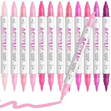 Imagem de Diyeever Canetas de tinta acrílica rosa, à base de água, 12 cores, marcadores de tinta acrílica de ponta dupla para pintura de rocha, madeira, vidro, cerâmica, tela, tecido, pedra, artesanato faça