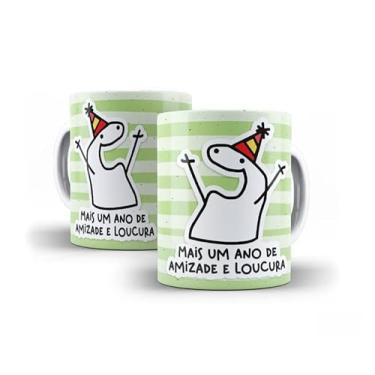 Imagem de Caneca Decorativa Parabéns Amiga, Porcelana, Design Listrado Pastel, Tema Aniversário com Bolo e Ilustração Fofa, 325ml (12875)