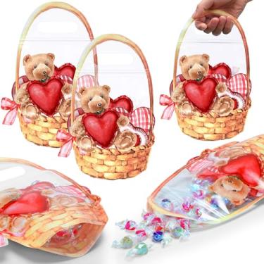 Imagem de Spakon Sacos de plástico com alças de 25 x 18 cm, bolsas transparentes para doces e salgadinhos, sacolas de presente para decoração de festa de aniversário (50 peças, coração)