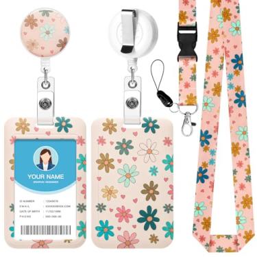 Imagem de Soleebee Cordão de flores coloridas para crachás de identificação, lindo suporte de crachá de identificação e cordão destacável, chaveiro retrátil, carretel de crachá resistente com clipe mosquetão