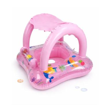 Imagem de Boia Inflável Infantil com Assento e Cobertura, Proteção Solar, Para Piscina (Rosa)