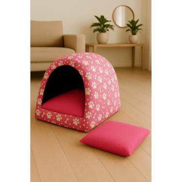 Imagem de Cama Iglu para Cachorro e Gato em Tecido Oxford com Zíper Lavável – Casinha Pet Confortável e Aconchegante(Rosa + Almofada,P)