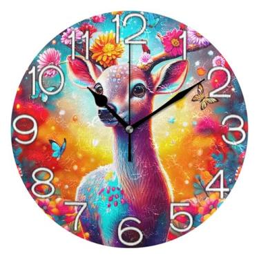 Imagem de GAIGEO Relógio de parede analógico decorativo relógio de cozinha bonito operado por bateria silencioso, retrô moderno art deco decoração de parede arte animal veado colorido, 25 cm, ponteiros dourados