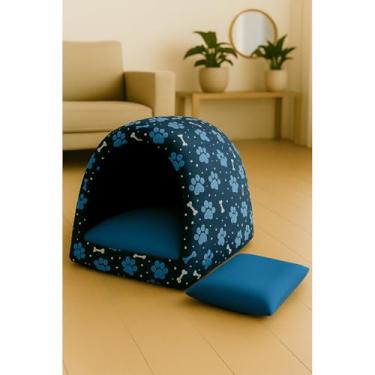 Imagem de Cama Iglu para Cachorro e Gato em Tecido Oxford com Zíper Lavável – Casinha Pet Confortável e Aconchegante(Azul + Almofada,P)