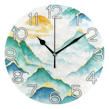 Imagem de Relógio de parede analógico decorativo para escritório, cozinha, operado a pilhas, sala de estar, decoração de parede moderna, montanhas aquarela, verde, 25 cm, ponteiros pretos