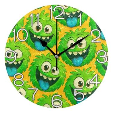 Imagem de GAIGEO Relógio de parede analógico decorativo de monstro de desenho animado verde engraçado relógio de cozinha bonito estético silencioso sem tique-taque, decoração de parede vintage, sala de estar