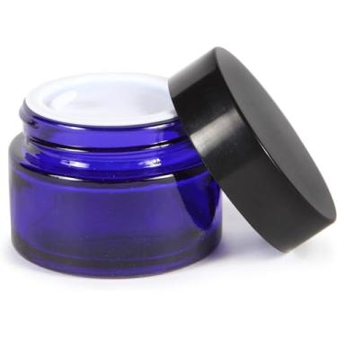 Imagem de AKOAK 2 frascos de vidro para cosméticos com tampa preta, recipiente de vidro azul vazio com forro interno, frasco cosmético recarregável para cremes, cosméticos, loções, pomadas (30 ml)