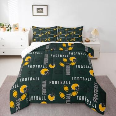 Imagem de jejeloiu Jogo de cama de futebol americano, tamanho casal, Green Bay, para meninos, meninas, adolescentes, futebol americano, cidade, edredom verde, amarelo, respirável, macio, leve, microfibra, rúgbi