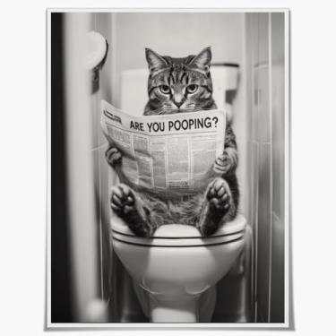 Imagem de Gato engraçado decoração de parede de banheiro gato no banheiro lendo jornal impressão em tela bonito preto e branco imagens de animais pôster humor banheiro decoração de arte para dormitório