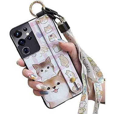 Imagem de Linda capa transversal compatível com Samsung Galaxy A16 5G capas de telefone com alça de pulso suporte cordão de silicone macio à prova de choque capa protetora para Galaxy A16 5G (gato e cachorro