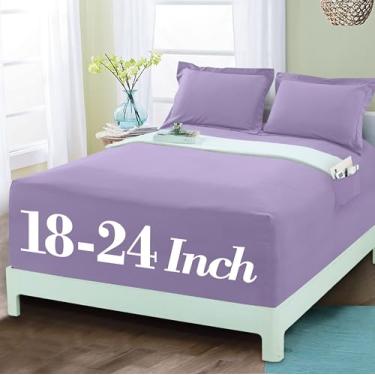 Imagem de Mocassi Lençol com elástico luxuoso 1800 de qualidade premium de hotel – Ultramacio, microfibra resistente a vincos, bolso extra profundo de 45 a 60 cm, lençol com elástico, King, lavanda