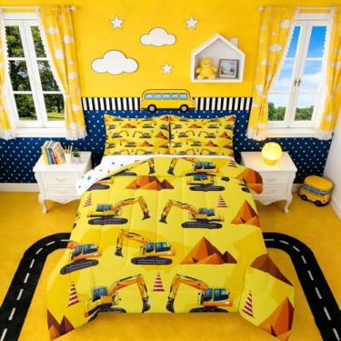 Imagem de Erosebridal Conjunto de edredom duplo, escavadeira, para decoração de quarto de crianças, homens, meninos, edredom amarelo, caminhões, colcha com 1 fronha, 2 peças, leve