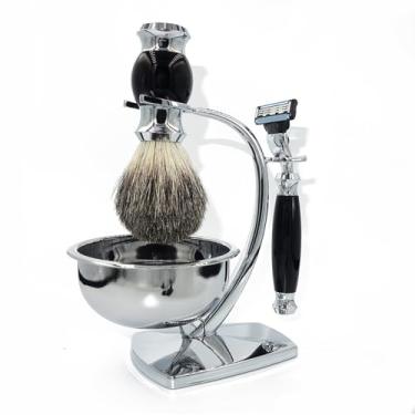 Imagem de Magyfosia Kit de barbear e conjunto de cuidados masculinos, lâmina de barbear de cartucho de 3 camadas, escova de barbear de cabelo de texugo, tigela de barbear de aço inoxidável e suporte de suporte