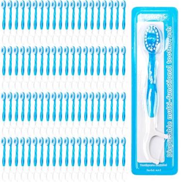 Imagem de Medanera Pacote com 90 escovas de dentes descartáveis para viagem, embalagem individual, mini escovas 5 em 1 com pasta de dente menta, raspador de língua, palito de dente para casa, escritório