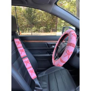 Imagem de YDMZZB Capas de volante de carro de crochê feitas à mão para carro universais de 35 a 38 cm, linda capa de volante, acessórios para carro (A, capa de volante + 2 capas de cinto)