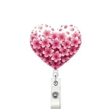 Imagem de Carretel retrátil de crachá de coração para dia dos namorados, porta-crachás, flores cor-de-rosa, desenhos de corações, crachá de acrílico com clipe jacaré, acessórios de identificação dos namorados