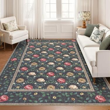 Imagem de GarveeHome Tapetes laváveis de 20 x 25 cm para sala de estar, cinza escuro, boêmio, floral, antiderrapante, macio, macio, resistente a manchas, vintage, design floral, tapete grande para quarto, sala