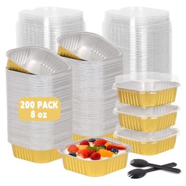 Imagem de DeziWood Pacote com 200 mini formas de bolo de alumínio douradas de 227 g com tampas e colheres, copos quadrados descartáveis, ramequins de folha segura para forno para sobremesas individuais