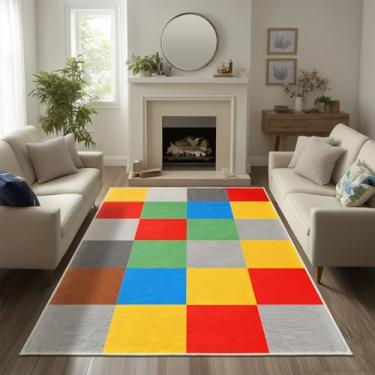 Imagem de Doteon Tapete quadriculado colorido antiderrapante geométrico para sala de estar, quarto, sala de jogos, decoração de 1,5 x 2,1 m