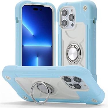 Imagem de KAPPDE Capa para iPhone 14/14 Plus/14 Pro/14 Pro Max, capa protetora anticolisão antiqueda de quatro cantos, com suporte de anel, capa de celular multicolorida fresca e elegante (cor: azul claro