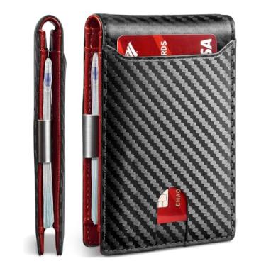 Imagem de Carteira masculina ultrafina com bolso frontal RFID – dobrável de couro durável, comporta mais de 6 cartões e dinheiro, Preto de carbono e vermelho, Carteira masculina ultrafina com bolso frontal RFID