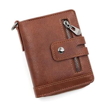 Imagem de Carteira masculina com zíper, carteira retrô dobrável multifuncional de couro sintético com bolso para moedas, porta-cartão de crédito, 7 compartimentos para cartão, grande capacidade, Marrom, Retrô