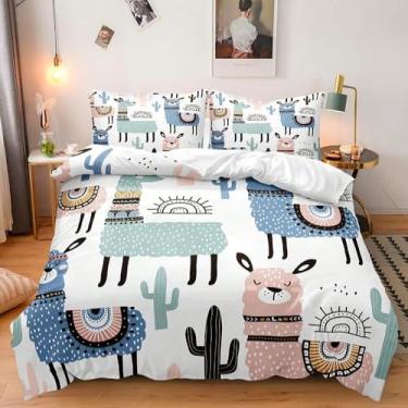 Imagem de Elnonthy Conjunto de capa de edredom com estampa de animal tamanho Queen - adorável coleção de conjunto de cama de alpaca de desenho animado, inclui capa de edredom e fronhas