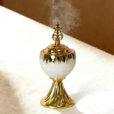 Imagem de Queimador de incenso Bakhoor de cerâmica, queimador de incenso estilo Oriente Médio, sálvia branca, mirra, cone de olíbano, queimador Bakhoor, para ioga, spa, aromaterapia, escritório, decoração de