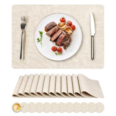Imagem de Jogo americano de vinil, conjunto de 12 tapetes de couro sintético, à prova d'água e resistente ao calor, tapetes de mesa laváveis antiderrapantes com porta-copos para ambientes internos e externos