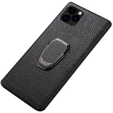 Imagem de KANUZ Capa de telefone de couro para motorista, padrão de lichia magnético suporte de dedo capa traseira para Apple iPhone 12 Pro (2020) 6,1 polegadas (cor: preto)