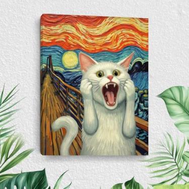 Imagem de Arte de parede em tela de gato grito abstrata engraçada, estampa de pintura de pôster de gato gritando retrô cômico, arte famosa bem-humorada, decoração de parede emoldurada para casa de banho, sala