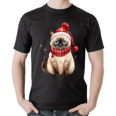 Imagem de Camiseta Algodão Gato Natalino Gorro e Cachecol - Foca na Moda, Preto,