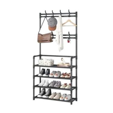 Imagem de Suporte de Roupa Metal Simples Cabideiro Chão Multifuncional para Corredor com 8 Ganchos Armazenamento na Parede Combinação Armário Prateleira Sapatos e Chapéus Estilo Industrial Entrada Elegante Fáci