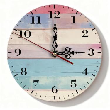 Imagem de Relógio de parede de madeira pastel silencioso sem tique-taque - decoração de casa de fazenda envelhecida com Shiplap rosa azul para quarto e cozinha - acento de casa pequena operado por bateria - 19