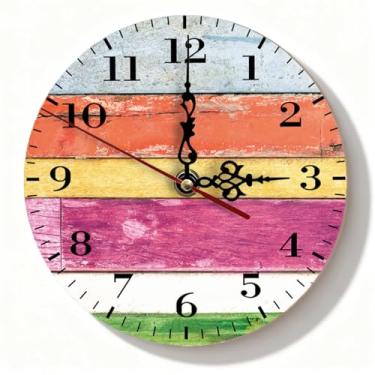 Imagem de Relógio de parede de madeira listrado vibrante - vermelho amarelo rosa verde Shiplap silencioso decoração sem tique-taque para casa de fazenda Boho - 19 cm
