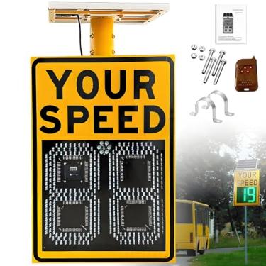 Imagem de Sinal de limite de velocidade de radar de LED alimentado por energia solar - Visor de aviso de estrada ajustável de 61 cm x 89 cm para monitoramento de velocidade - Indicador de segurança de tráfego