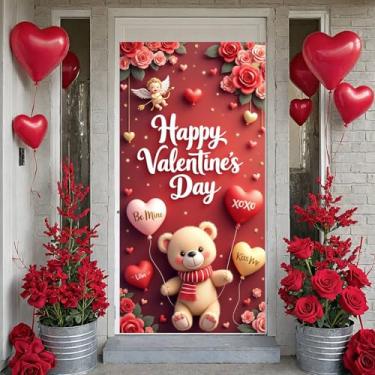 Imagem de Feliz Dia dos Namorados Amor Urso de Pelúcia Capa de Porta Romântico Dia dos Namorados Bonito Coração Balão Urso Porta Banner Rosa Adorável Ursos Portas da Frente Decoração Artigos de Festa Chá de