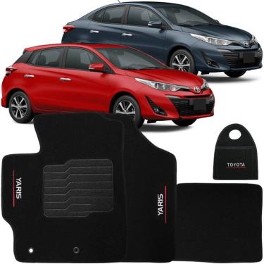 Imagem de Jogo Tapete Automotivo Carpete + Lixeira Toyota Yaris 2018 à 2025 Soft Logo Bordado Preto 4 Peças