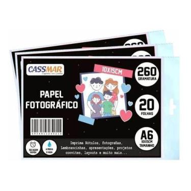 Imagem de Papel Fotográfico 10x15 Brilhante Glossy 260g Cassmar 20 Fls