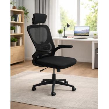 Imagem de Cadeira de escritório ergonômica com estofado de mesh, reclinável, apoio lombar (Preta)