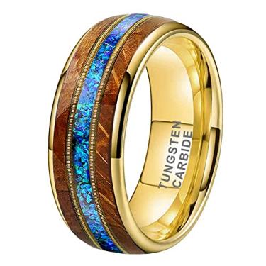Imagem de TUTISS Anéis de tungstênio de 8 mm para homens e mulheres, alianças de casamento, casamento, barril de uísque, corda de guitarra de madeira, opala azul, incrustado, polido, ajuste confortável, Metal não precioso, Sem pedra preciosa