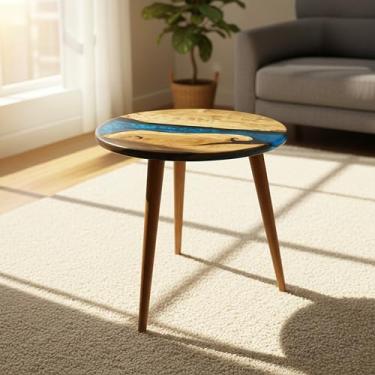 Imagem de Mesa lateral redonda de nogueira de resina de 50,8 cm | Mesa de canto epóxi | Mesa de centro | Nogueira de resina moderna de meados do século | Móveis de sala de estar | Cor azul