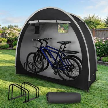 Imagem de PANTAZO Galpão de armazenamento de bicicleta com rack de bicicleta ao ar livre galpões de armazenamento de bicicleta portátil com 210D Oxford 800ppm à prova d'água para 2/3 bicicletas, capas de abrigo